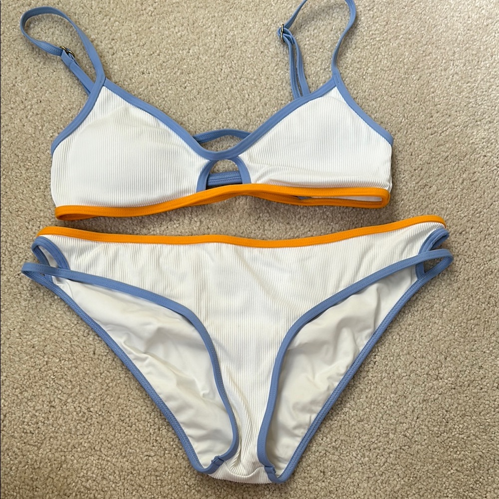 White and Blue Bikini Set with Orange Trim
